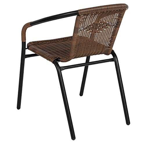 Flash Furniture Lila 28'' Round Glass Metal Table with Dark Brown Rattan Edging and 2 Dark Brown Rattan Stack Chairs