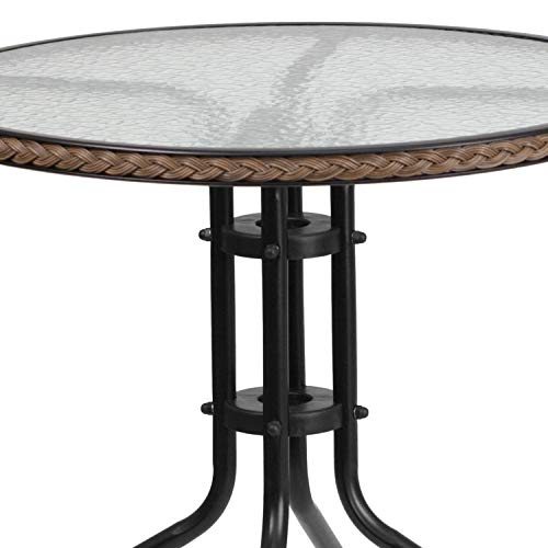 Flash Furniture Lila 28'' Round Glass Metal Table with Dark Brown Rattan Edging and 2 Dark Brown Rattan Stack Chairs