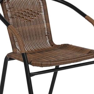 Flash Furniture Lila 28'' Round Glass Metal Table with Dark Brown Rattan Edging and 2 Dark Brown Rattan Stack Chairs