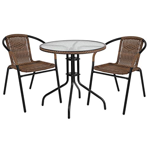 Flash Furniture Lila 28'' Round Glass Metal Table with Dark Brown Rattan Edging and 2 Dark Brown Rattan Stack Chairs