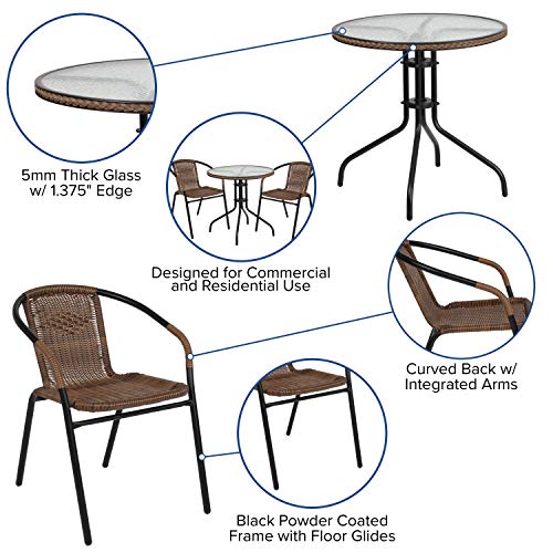 Flash Furniture Lila 28'' Round Glass Metal Table with Dark Brown Rattan Edging and 2 Dark Brown Rattan Stack Chairs