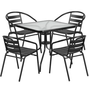 Flash Furniture 5-Piece Patio Dining Set with 31.5" Square Glass Metal Table and 4 Stackable Slat Back Chairs, Indoor/Outdoor Bistro Table and Chairs Set, Black