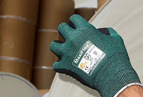 3 Pack MaxiFlex Cut 34-8743 Cut Resistant Nitrile Coated Work Gloves with Green Knit Shell and Premium Nitrile Coated Micro-Foam Grip on Palm & Fingers. Size: Small