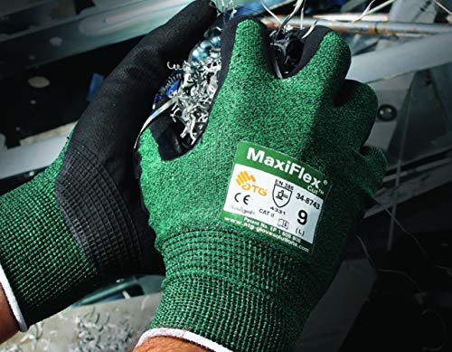 3 Pack MaxiFlex Cut 34-8743 Cut Resistant Nitrile Coated Work Gloves with Green Knit Shell and Premium Nitrile Coated Micro-Foam Grip on Palm & Fingers. Size: Small