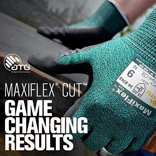 3 Pack MaxiFlex Cut 34-8743 Cut Resistant Nitrile Coated Work Gloves with Green Knit Shell and Premium Nitrile Coated Micro-Foam Grip on Palm & Fingers. Size: Small