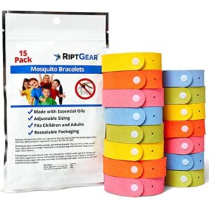 riptgear mosquito bracelets - 15 pack of mosquito bracelets for kids and adults, insect bracelet, citronella wristband - deet free mosquito wristbands, camping accessories
