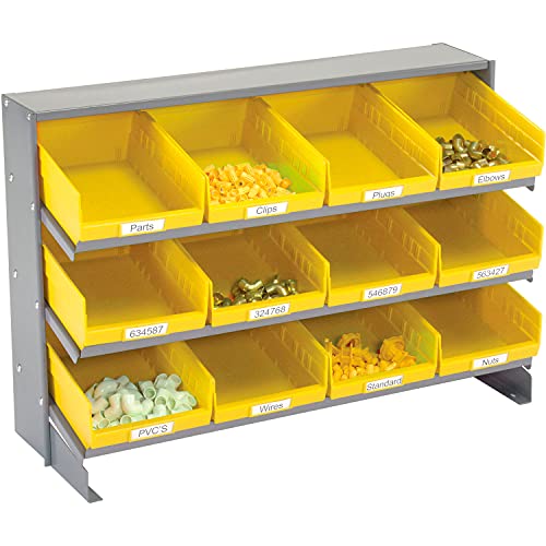 Global Industrial 3 Shelf Bench Rack, (12) 8" W Yellow Bins, 33x12x21