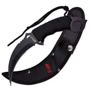 mtech usa – fixed blade knife – black partially serrated stainless steel karambit blade w/black cord wrapped handle, full tang, black nylon sheath - hunting, camping, survival, edc – mt-20-76bk