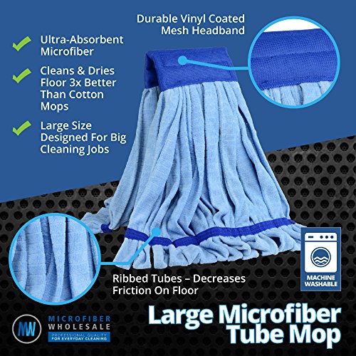 Commercial Mop Head Replacement - Large Microfiber Tube Mop (18 oz.) | Industrial Wet Mops | Washable Refill, Reusable, Heavy Duty, Looped End Mopheads | Hardwood, Tile, Laminate Floors (Blue)