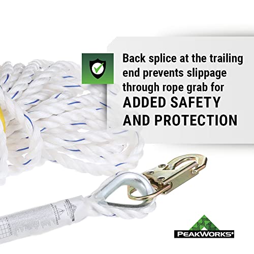 PeakWorks Fall Protection Safety Lifeline Rope Grab, Anchor 50' Vertical Cable, Galvanized Steel Snap Hook Harness Tools Equipment for Climbing, Rescue, Hunting, Roofing, V84084050