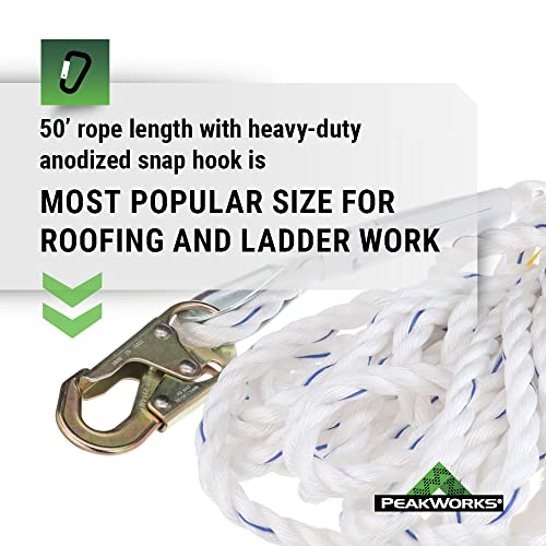 PeakWorks Fall Protection Safety Lifeline Rope Grab, Anchor 50' Vertical Cable, Galvanized Steel Snap Hook Harness Tools Equipment for Climbing, Rescue, Hunting, Roofing, V84084050