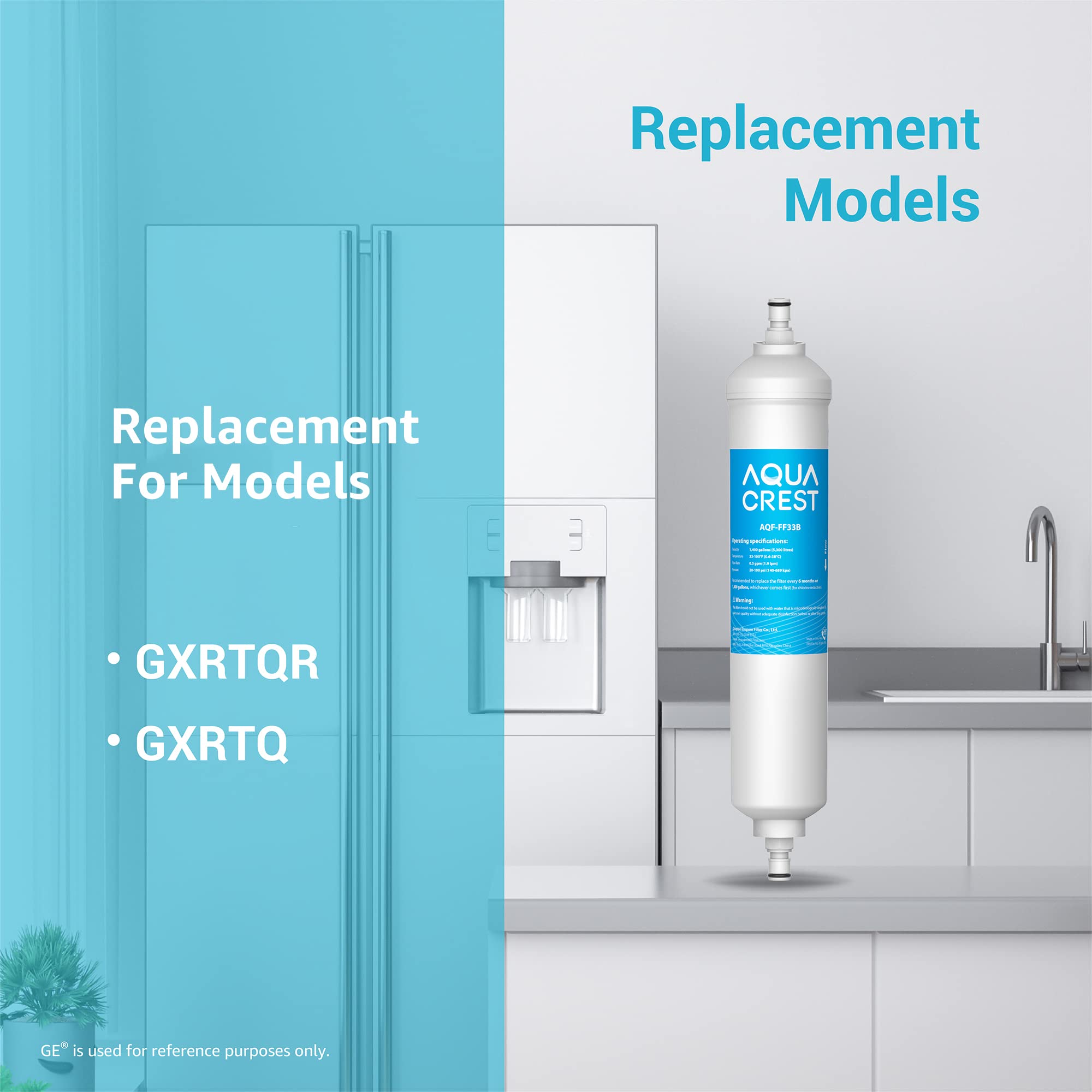 AQUA CREST GXRTQR Inline Water Filter, Replacement for GE® GXRTQR, GXRTQ, Reduces Chlorine, Fluoride, Limescale and More, 2 Filters (Package may vary)