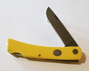 moore maker 3103lb yellow delrin 1 blade sodbuster lockback. leather sheath