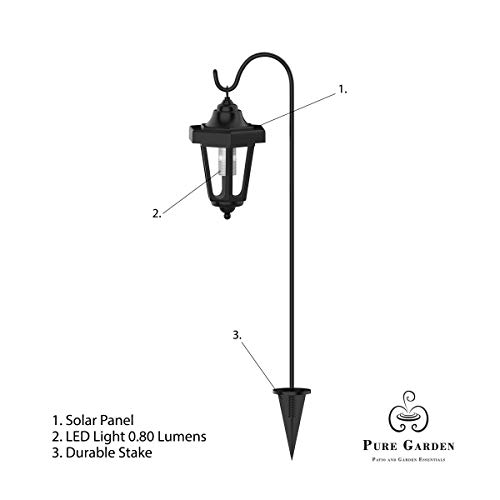 Pure Garden 50-123 Solar Powered Set of 2, 32” Hanging Coach Lanterns with 2 Shepherd Hooks-LED Outdoor Lighting for Gardens, Pathways, and Patio, Black