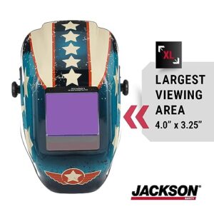 Jackson Safety Welding Helmet, Digital Variable Auto Darkening Filter, Stars and Scars Design, Lightweight Protective Welder Face Mask with Light HLX100 Shell, Unisex, Universal Size, 46118