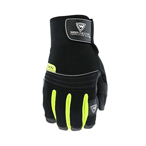 West Chester Pro Series 96652 Yeti Waterproof Winter Work Gloves - [1 Pair] Large, Synthetic Leather Palm, Spandex Backing, HI-VIS Safety Gloves, Black/ Neon Yellow