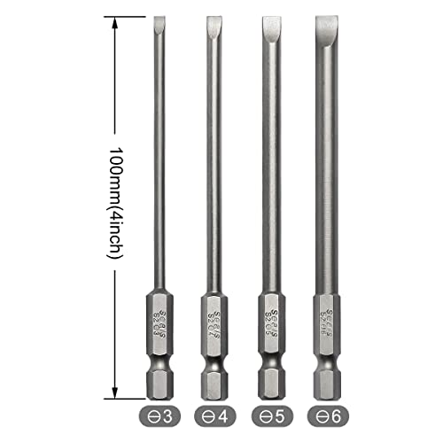 Toolcool 4pcs 100mm 3mm 4mm 5mm 6mm Magnetic Flat Head Slotted Tip Screwdrivers Bits Set 1/4 Inch Hex Shank