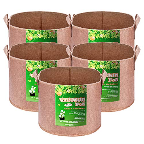 VIVOSUN 5-Pack 7 Gallons Grow Bags Heavy Duty Thickened Nonwoven Fabric Pots with Strap Handles Tan