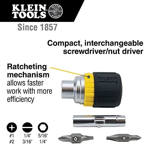 Klein Tools 32593 Multi-bit Ratcheting Screwdriver, 6-in-1 Stubby Tool with Phillips and Slotted Bits and 2 Nut Driver Sizes