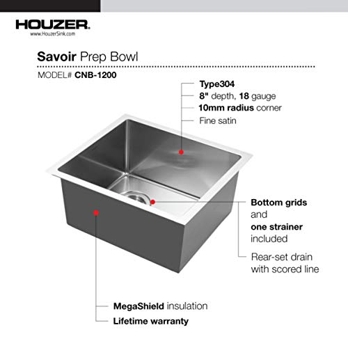 Houzer CNB-1200 Savoir Undermount Stainless Steel 12" x 14" Bar Prep Sink, Strainer & Grid Included