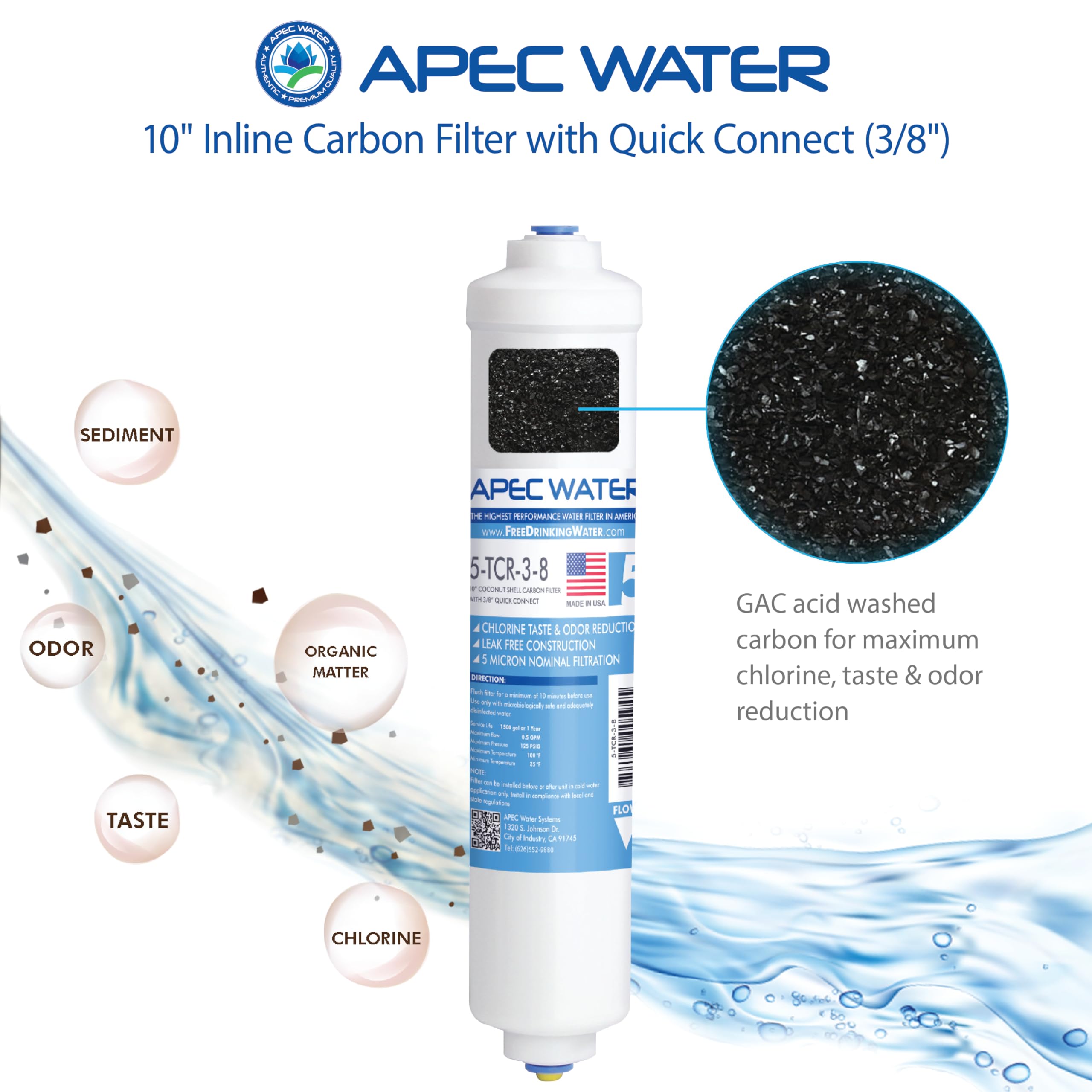 APEC Water Systems 5-TCR-3-8 APEC ULTIMATE Series US Made 10" Inline Carbon Filter with Quick Connector (3/8"), White