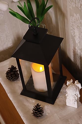 YAKii Hanging Glass Panes Lantern Portable Led Lantern Decorative Operated by 3AAA Battery Use for Garden Yard, Indoor Decoration Candle Lantern (Black)