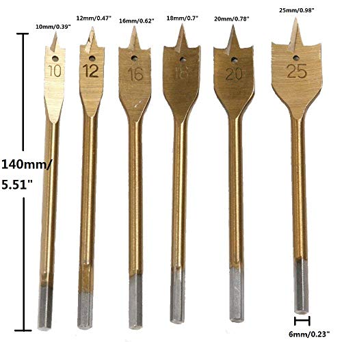 Driak 6pcs 10-25mm/0.39"-0.98" Metric Titanium Boring Drill Bits Spade Paddle Flat Woodworking Drill Bit Rotary Tools