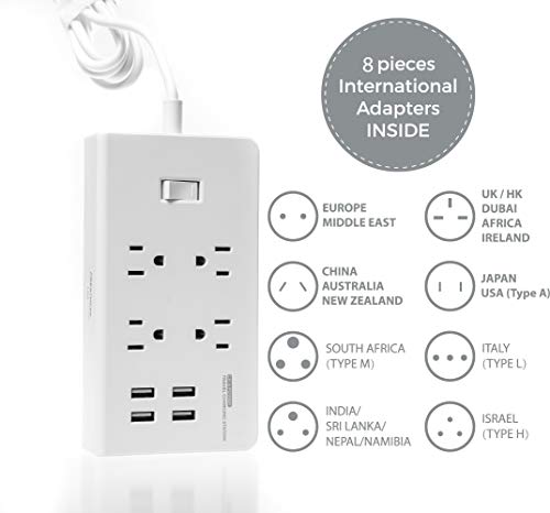 GR-8 Power Compact & Slim Travel Charging Station - International Power Adapter - Surge Protector - Power Strip with 4 Intelligent USB - Free Bonus Included