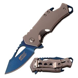 mtech usa mt-a882sbl spring assist folding knife, blue straight edge blade, silver handle, 3-inch closed