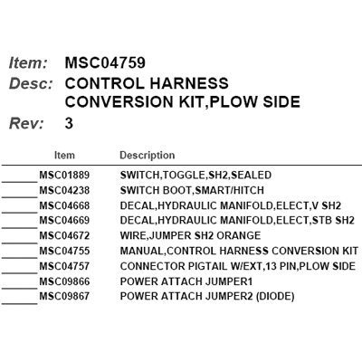 Boss Part # MSC04759 - Plow Side Control Harness Conversion Kit