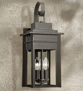 franklin iron works bransford traditional outdoor wall light fixture dark black specked gray 19" clear glass lantern scroll arm for exterior house porch patio outside deck garage front door home
