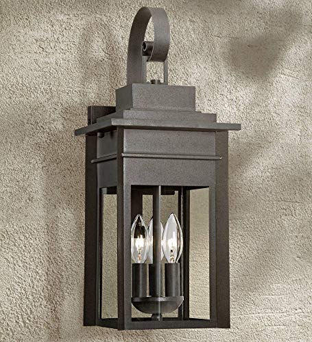 Franklin Iron Works Bransford Traditional Outdoor Wall Light Fixture Dark Black Specked Gray 19" Clear Glass Lantern Scroll Arm for Exterior House Porch Patio Outside Deck Garage Front Door Home