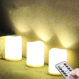 set of 3 outdoor ip44 warm white led rainproof waterproof flameless battery led pillar candles with remote and timer, plastic, won't melt, weather resistant design 3 x 4", timer 24hours