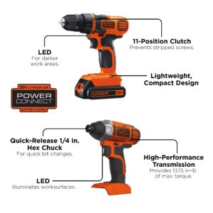 BLACK+DECKER 20V MAX Cordless Drill and Impact Driver, Power Tool Combo Kit with Battery and Charger (BD2KITCDDI)