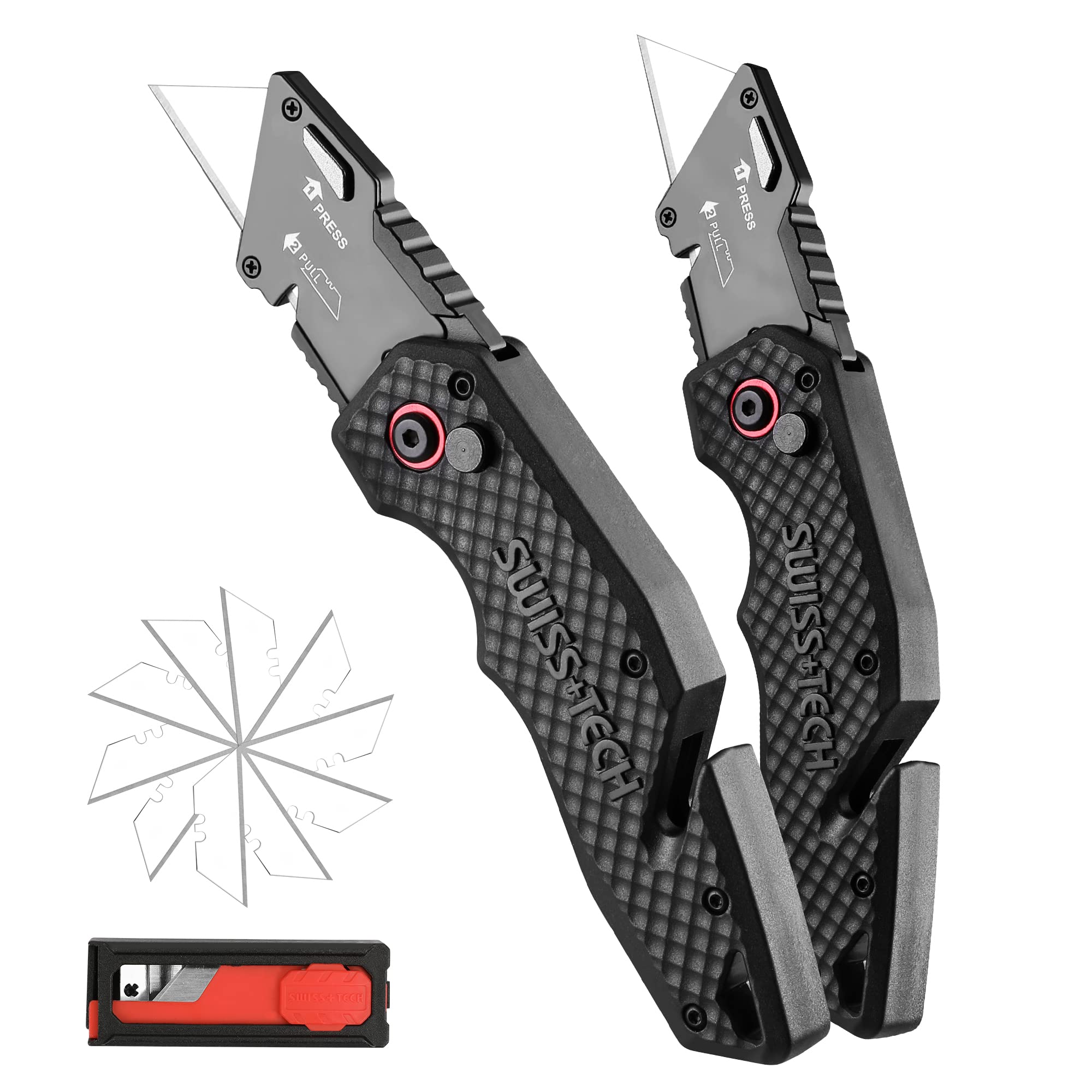 Swiss+Tech Utility Knife Set, 2-pack Quick Change Box Cutter, Speed Release Folding Knife with Belt Clip and Landyard Hole, Extra 10 Pieces SK5 Blades Included