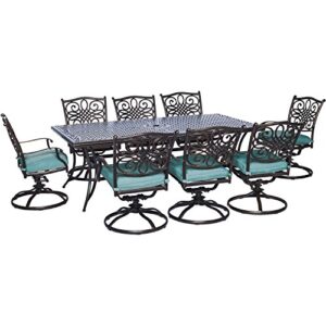 hanover traditions 9-piece outdoor patio dining set with rust-free cast-top aluminum rectangular dining table and 8 swivel rockers, and weather-resistant plush blue cushions