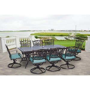 Hanover Traditions 9-Piece Outdoor Patio Dining Set with Rust-Free Cast-Top Aluminum Rectangular Dining Table and 8 Swivel Rockers, and Weather-Resistant Plush Blue Cushions