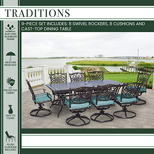 Hanover Traditions 9-Piece Outdoor Patio Dining Set with Rust-Free Cast-Top Aluminum Rectangular Dining Table and 8 Swivel Rockers, and Weather-Resistant Plush Blue Cushions