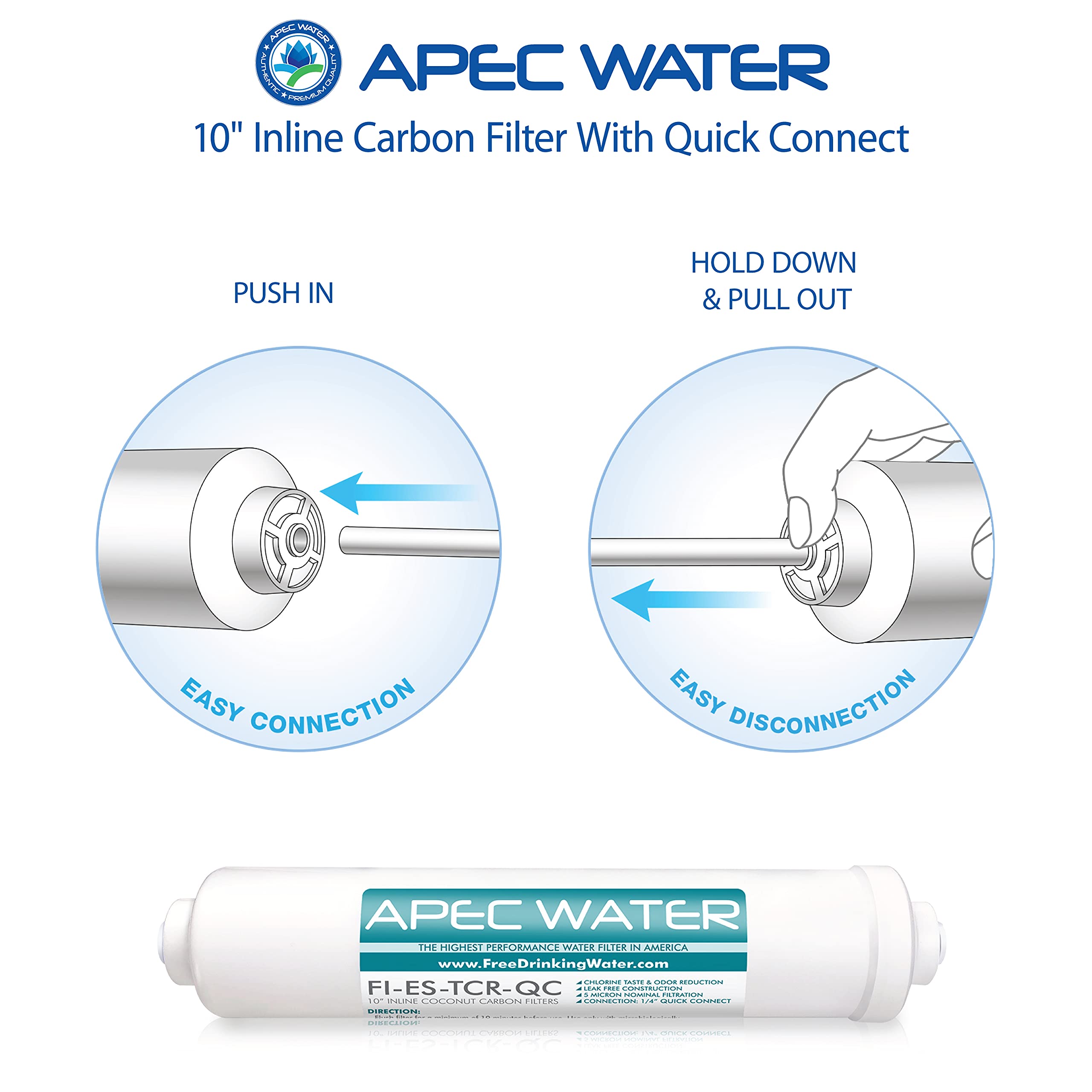 APEC Water Systems FI-ES-TCR-QC 10" High Capacity Inline Carbon Filter with 1/4" Quick Connect for Undersink Reverse Osmosis Water System Stage-5, 1 Count (Pack of 1), White