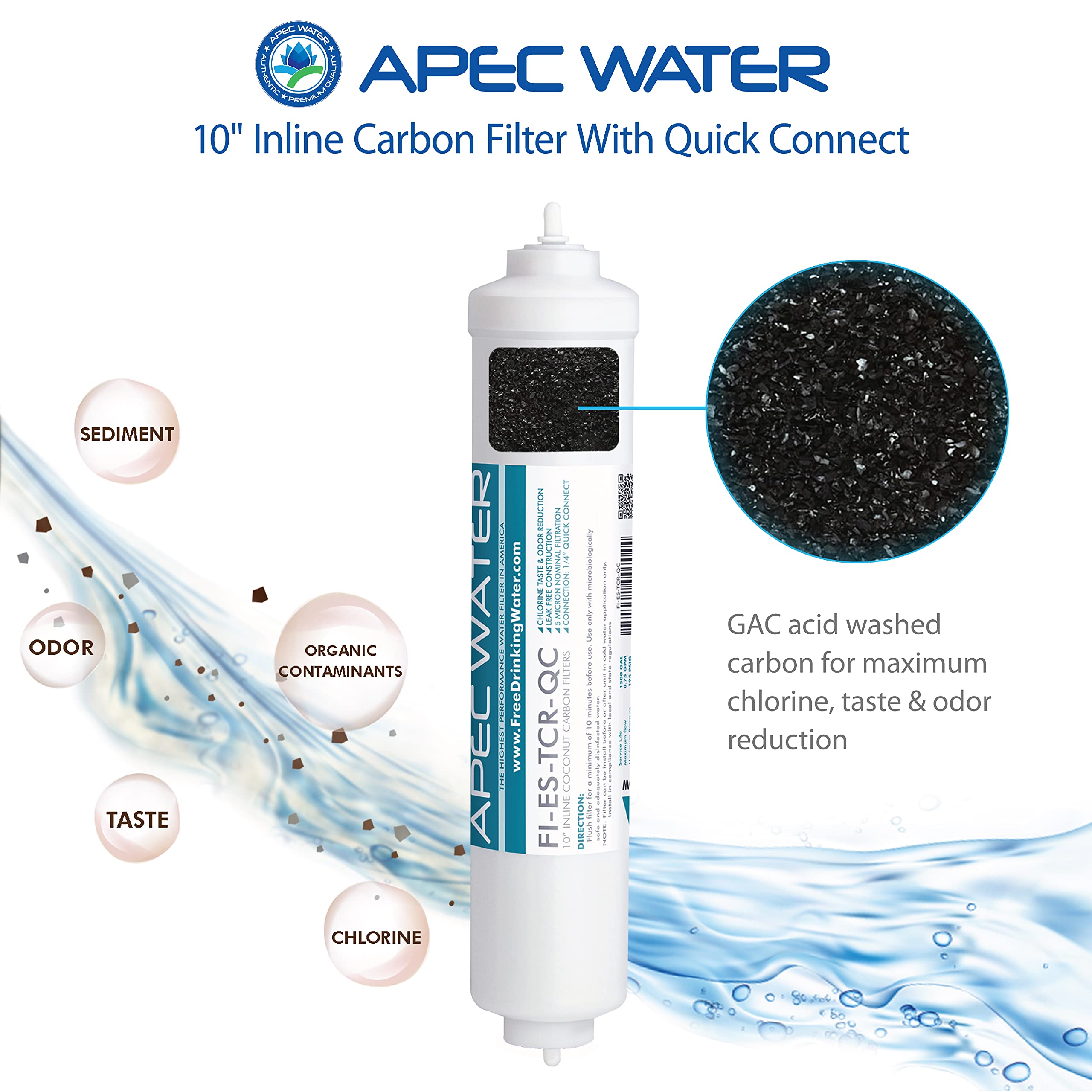 APEC Water Systems FI-ES-TCR-QC 10" High Capacity Inline Carbon Filter with 1/4" Quick Connect for Undersink Reverse Osmosis Water System Stage-5, 1 Count (Pack of 1), White