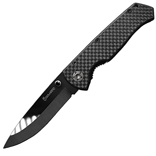 Cool Hand 3.75'' Carbon Fiber Folding Knife, w/ 2.75" Polished Black Ceramic Blade in Gift Box Packing, Liner Lock Mechanism, w/Pocket Clip, EDC Pocket Knives