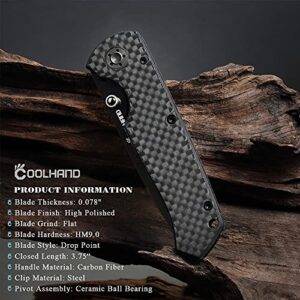 Cool Hand 3.75'' Carbon Fiber Folding Knife, w/ 2.75" Polished Black Ceramic Blade in Gift Box Packing, Liner Lock Mechanism, w/Pocket Clip, EDC Pocket Knives