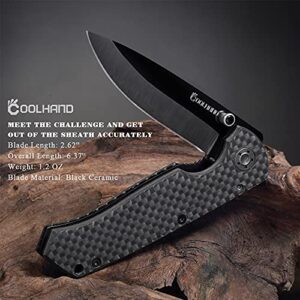 Cool Hand 3.75'' Carbon Fiber Folding Knife, w/ 2.75" Polished Black Ceramic Blade in Gift Box Packing, Liner Lock Mechanism, w/Pocket Clip, EDC Pocket Knives