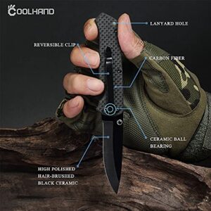 Cool Hand 3.75'' Carbon Fiber Folding Knife, w/ 2.75" Polished Black Ceramic Blade in Gift Box Packing, Liner Lock Mechanism, w/Pocket Clip, EDC Pocket Knives