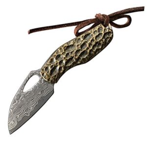 cool hand 2'' edc flip joint folding knife, small pocket knives w/ 1.25'' vg10 damascus steel blade, brass handle w/leather lanyard，tin box packaging