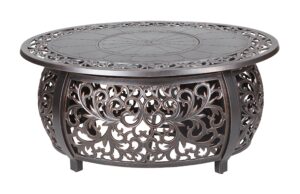 fire sense 62198 toulon filigree aluminum convertible gas fire pit table 55,000 btu outdoor multi-functional with fire bowl lid, nylon weather cover & clear fire glass - bronze finish - oval - 48"