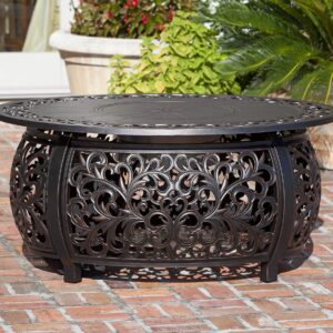 Fire Sense 62198 Toulon Filigree Aluminum Convertible Gas Fire Pit Table 55,000 BTU Outdoor Multi-Functional with Fire Bowl Lid, Nylon Weather Cover & Clear Fire Glass - Bronze Finish - Oval - 48"