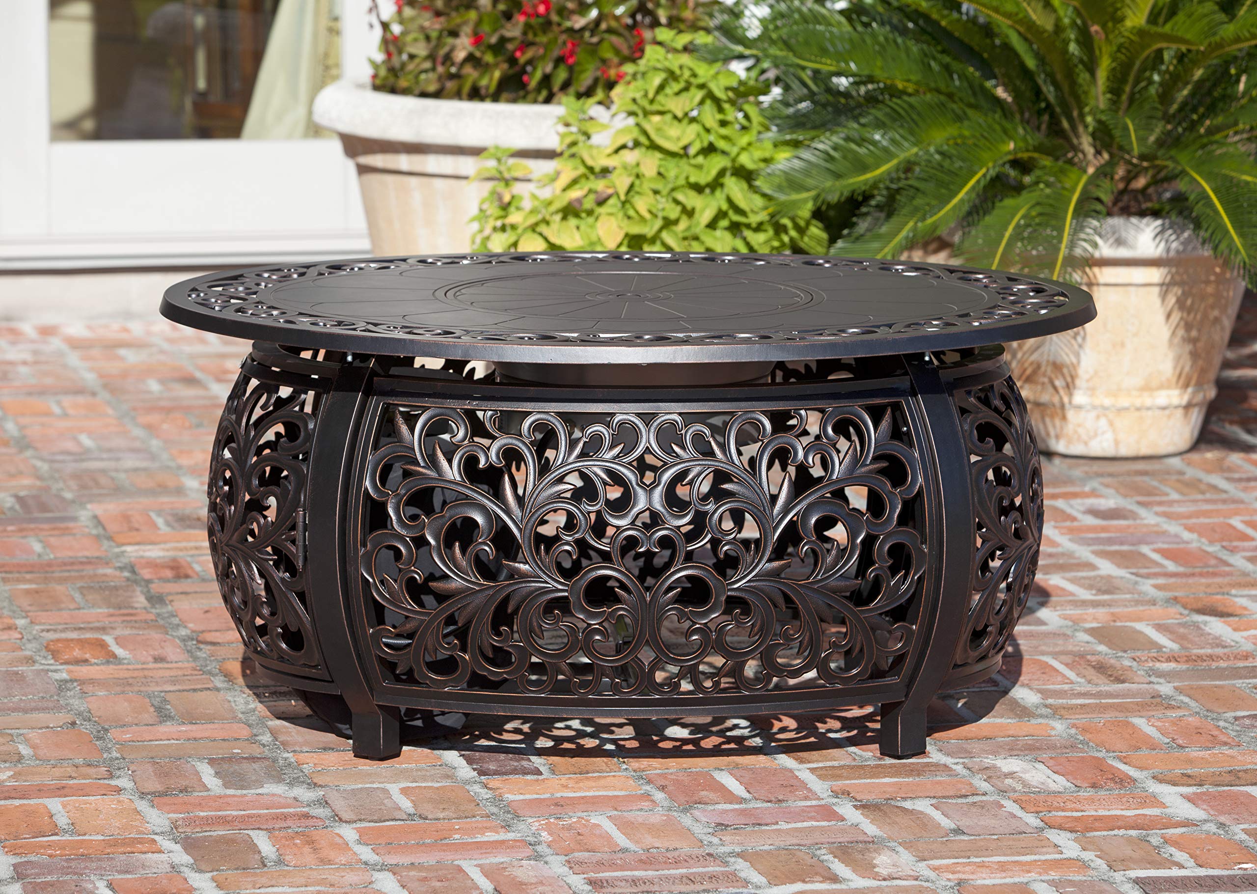 Fire Sense 62198 Toulon Filigree Aluminum Convertible Gas Fire Pit Table 55,000 BTU Outdoor Multi-Functional with Fire Bowl Lid, Nylon Weather Cover & Clear Fire Glass - Bronze Finish - Oval - 48"