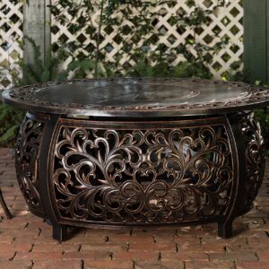 Fire Sense 62198 Toulon Filigree Aluminum Convertible Gas Fire Pit Table 55,000 BTU Outdoor Multi-Functional with Fire Bowl Lid, Nylon Weather Cover & Clear Fire Glass - Bronze Finish - Oval - 48"