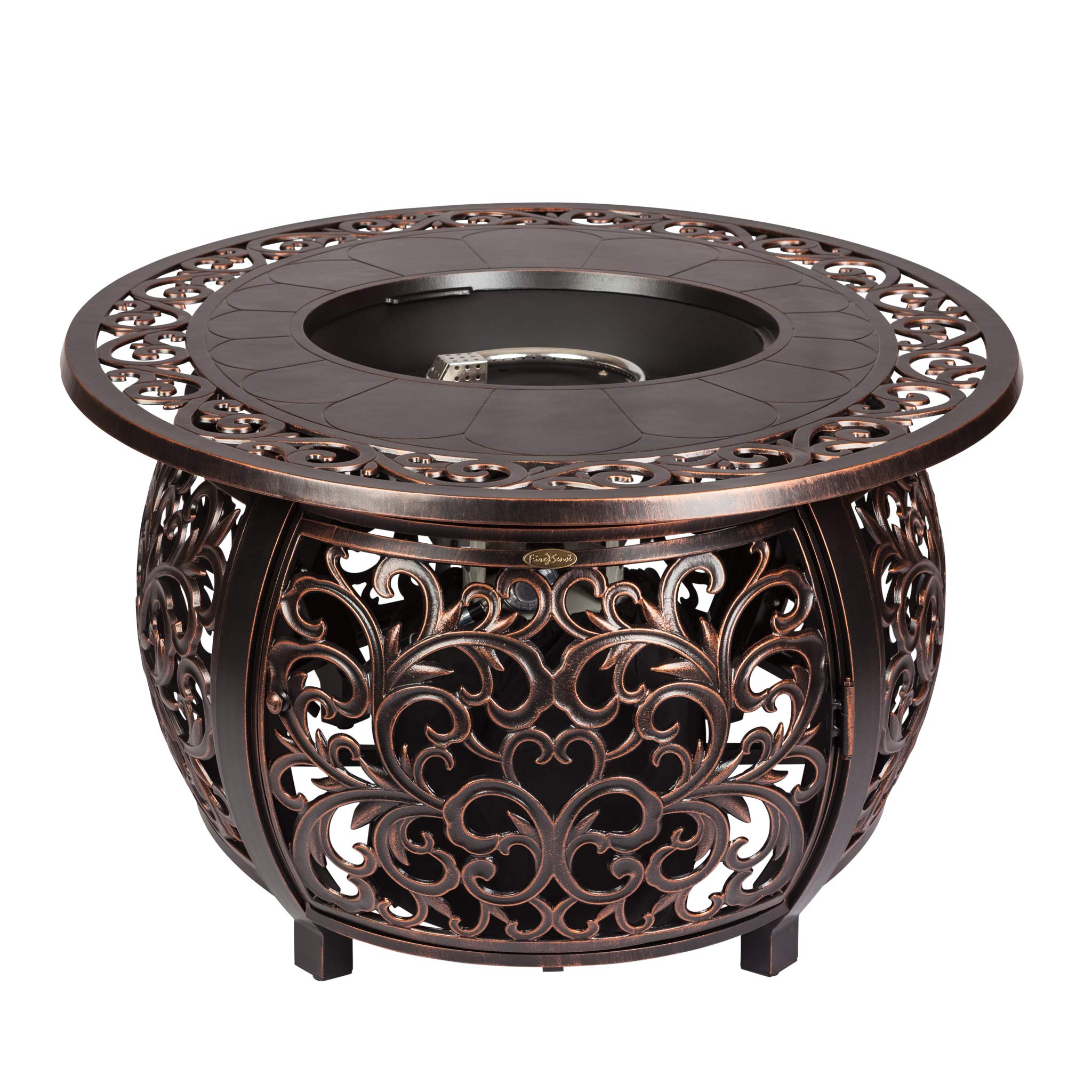 Fire Sense 62198 Toulon Filigree Aluminum Convertible Gas Fire Pit Table 55,000 BTU Outdoor Multi-Functional with Fire Bowl Lid, Nylon Weather Cover & Clear Fire Glass - Bronze Finish - Oval - 48"